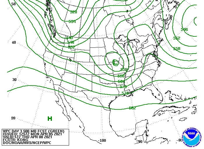 Upper-level forecast map for mid-week